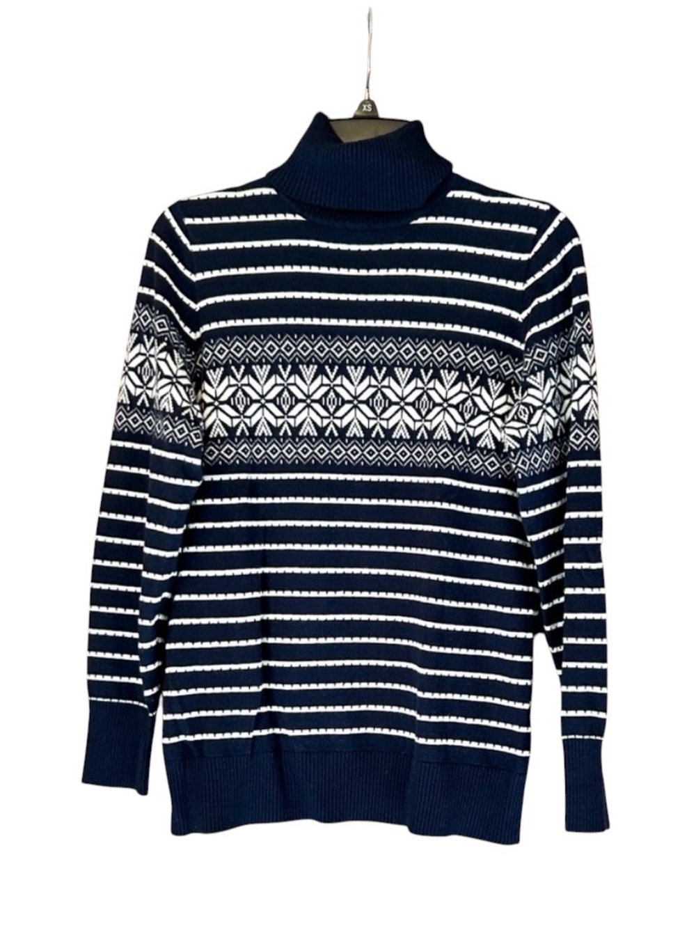 L.L. Bean Cotton Cashmere Fair Isle Snowflake Turtleneck Sweater Blue Cream